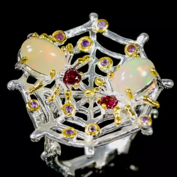 Incredible Opal Set Sterling Spiders Amethyst & Ruby earrings &ring size 8 - Picture 8 of 15